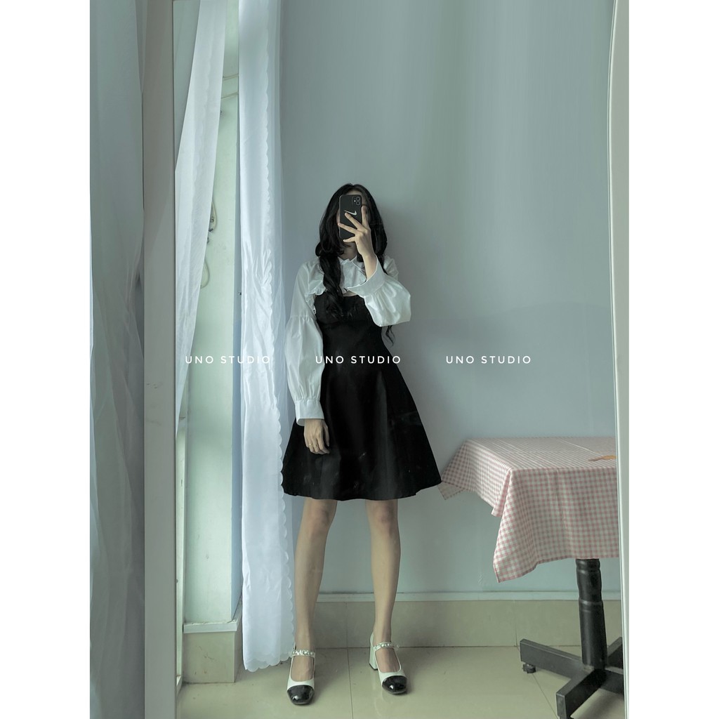 Set áo sơmi croptop trắng tay bồng kèm váy hai dây đen ảnh thật