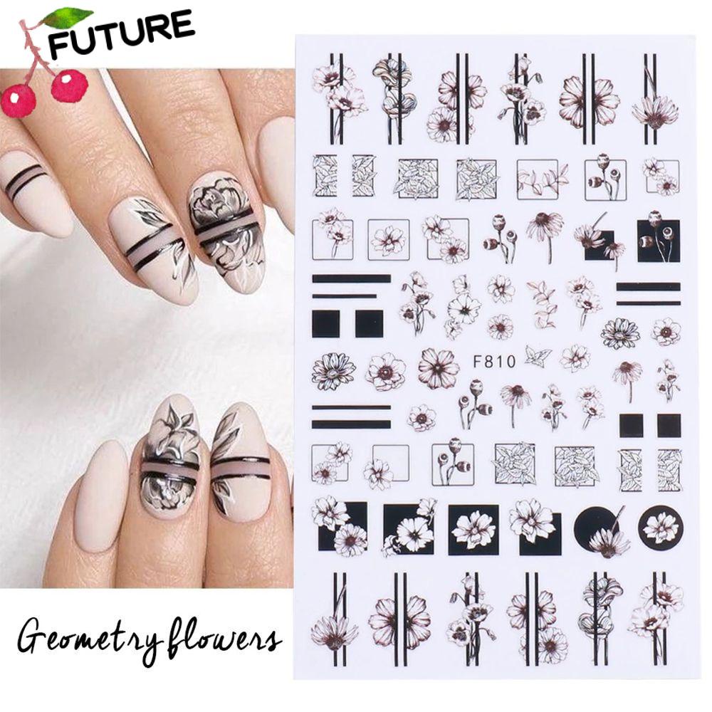 Sticker Rỗng Dán Trang Trí Móng Tay 3D Màu Trắng Đen Họa Tiết Hoa Lá Phong Cách Gothic