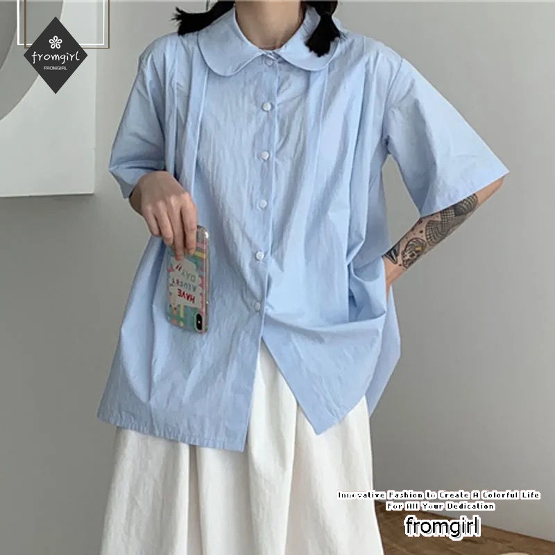 Áo sơ mi ngắn tay dáng rộng phong cách Hàn thời trang cho nữ
