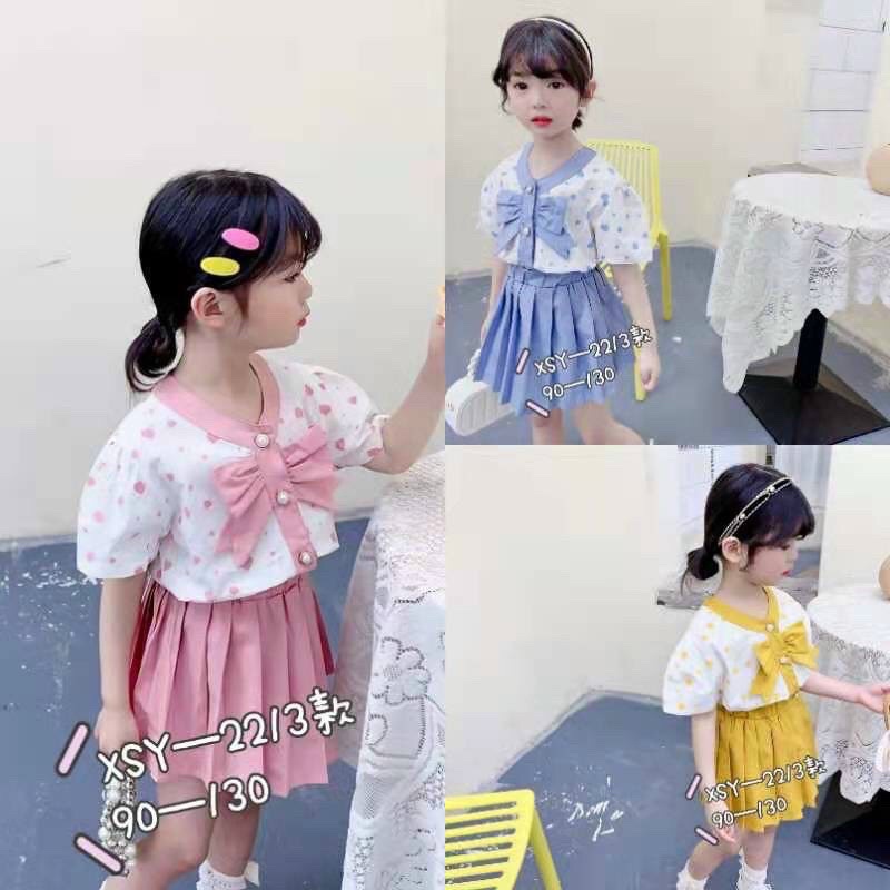 Bộ đũi nơ 3 cúc chân váy xếp li cực xinh cho bé gái - BDN3C