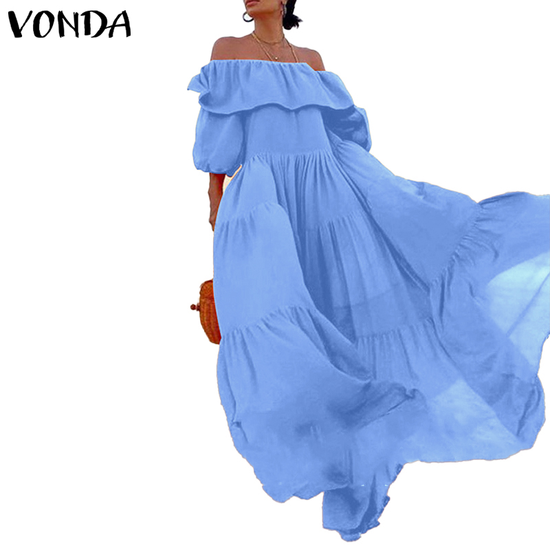 Đầm maxi VONDA dài màu trơn tay áo 3/4 hở vai xếp ly dành cho nữ