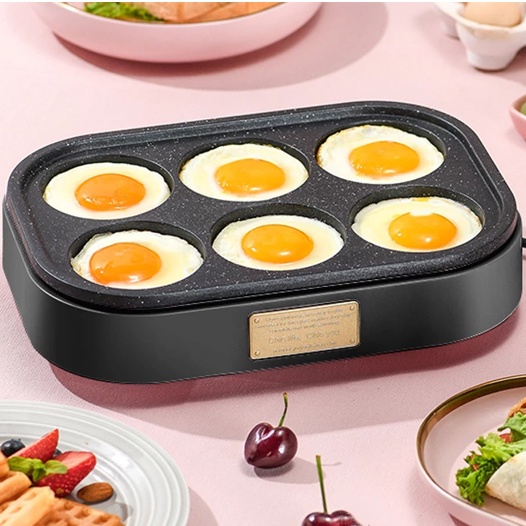 Chảo chống dính 6 Ngăn 6 Lỗ -Trứng Chiên Burger Bít tết Máy làm Bữa sáng Đa chức năng