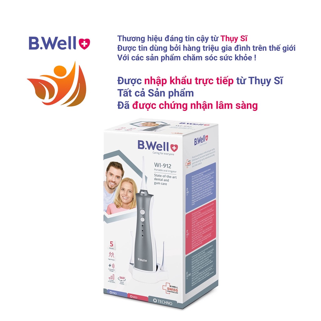 Máy tăm nước cầm tay cao cấp b.well wi 912, tăm nước vệ sinh răng thụy sĩ 5 đầu tăm - bwell y tế 360