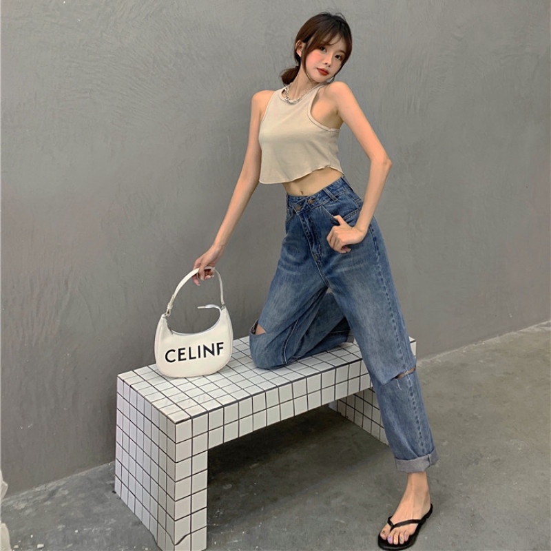 Quần Jean Dài Dáng Rộng Thiết Kế Rách Thời Trang Cá Tính