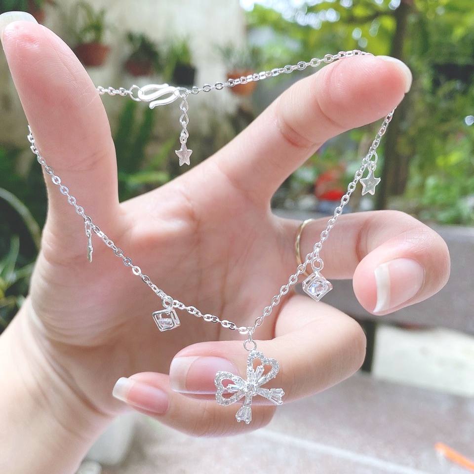 Lắc chân bạc ta hình lơ đính đá, trang sức nữ chuẩn bạc Evasilver sang trọng nữ tính