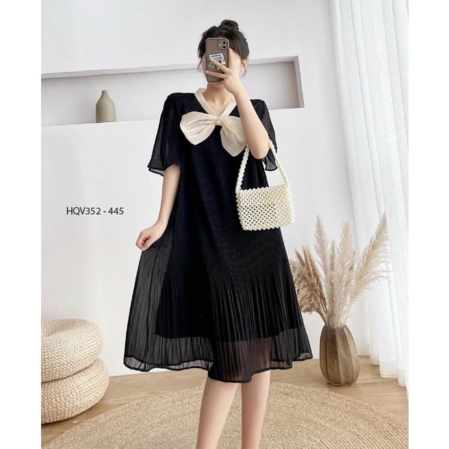 Đầm bầu diện tết 2023 mẫu mới chất voan hai lớp phối nơ đẹp sang chảnh freesize dưới 75kg