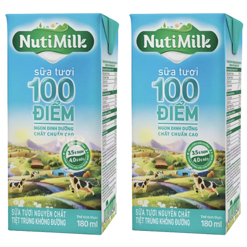 2 Hộp Sữa Tươi  Tiệt Trùng 100 Điểm Không Đường Nutimilk 180ml