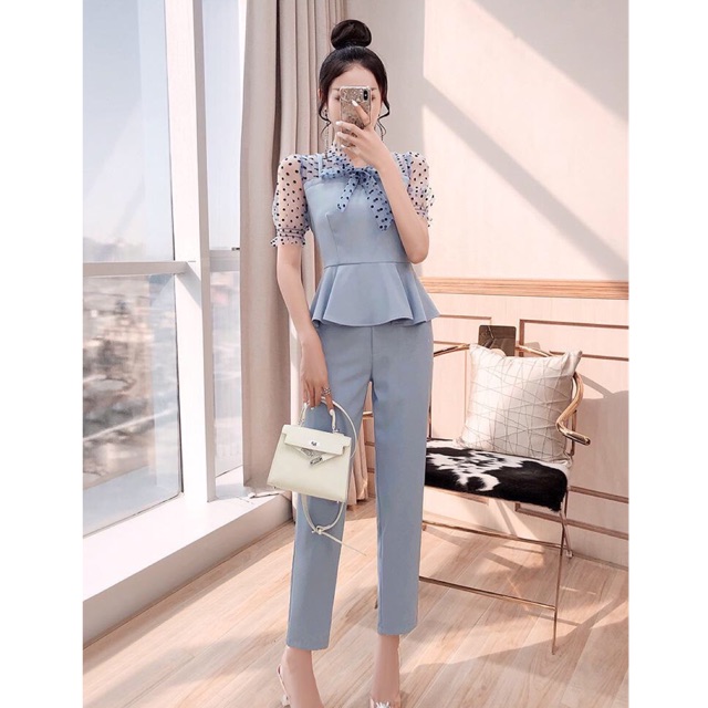 HÀNG NHẬP - SÉT BÔ ÁO PEPLUM CỔ VÀ TAY PHỐI LƯỚI BI + QUẦN SUÔNG DÀI