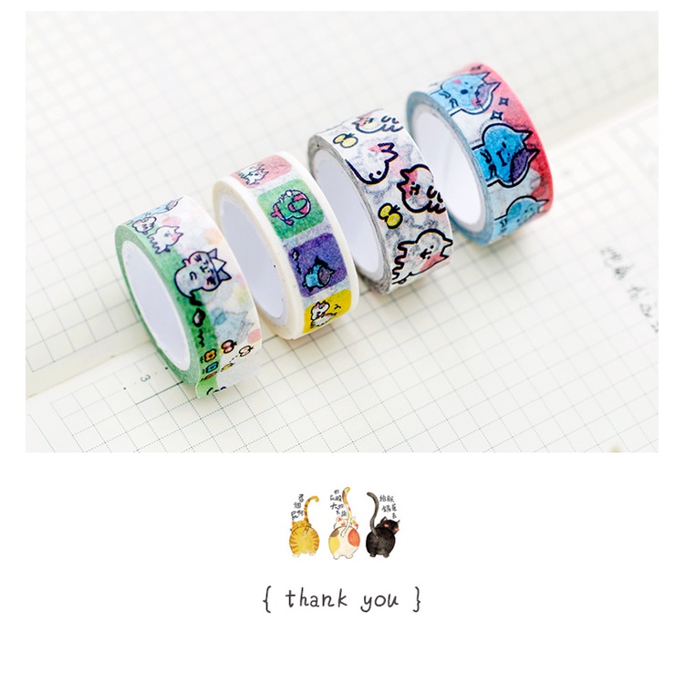 Băng dính trang trí washi tape cuộn dài 7m hình mèo đáng yêu
