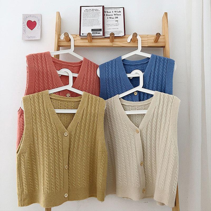 Áo Sweater Dệt Kim Sát Nách Dáng Rộng Cổ Chữ V Phối Hàng Nút Thời Trang Mùa Thu 2020 Cho Nữ