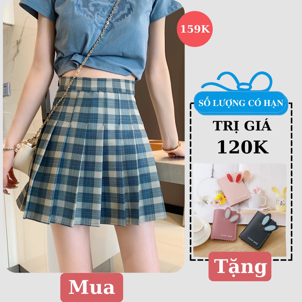 Chân váy Tennis Caro Lưng Cao Loại 3 Màu Xanh Hàng VN Xuất Xưởng Freeship,Chân Váy Chữ A Kẻ Caro Xanh Xếp Ly Thể Thao