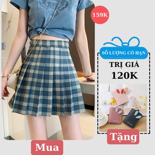 Chân váy Tennis Caro Lưng Cao Loại 3 Màu Xanh Hàng VN Xuất Xưởng Freeship,Chân Váy Chữ A Kẻ Caro Xanh Xếp Ly Thể Thao