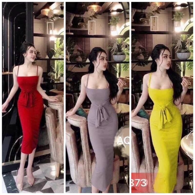 Đầm Thun Ôm Body Hai Dây Dáng Dài Cột Nơ Eo Sexy