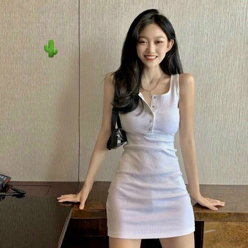 Đầm ôm body ba lỗ nút cài dáng thể thao