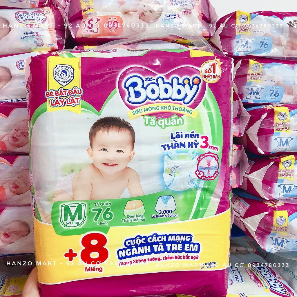Tã Bỉm Bobby quần size NB108+9, Xs38+4, S54+6, M60+8, L52, Xl48