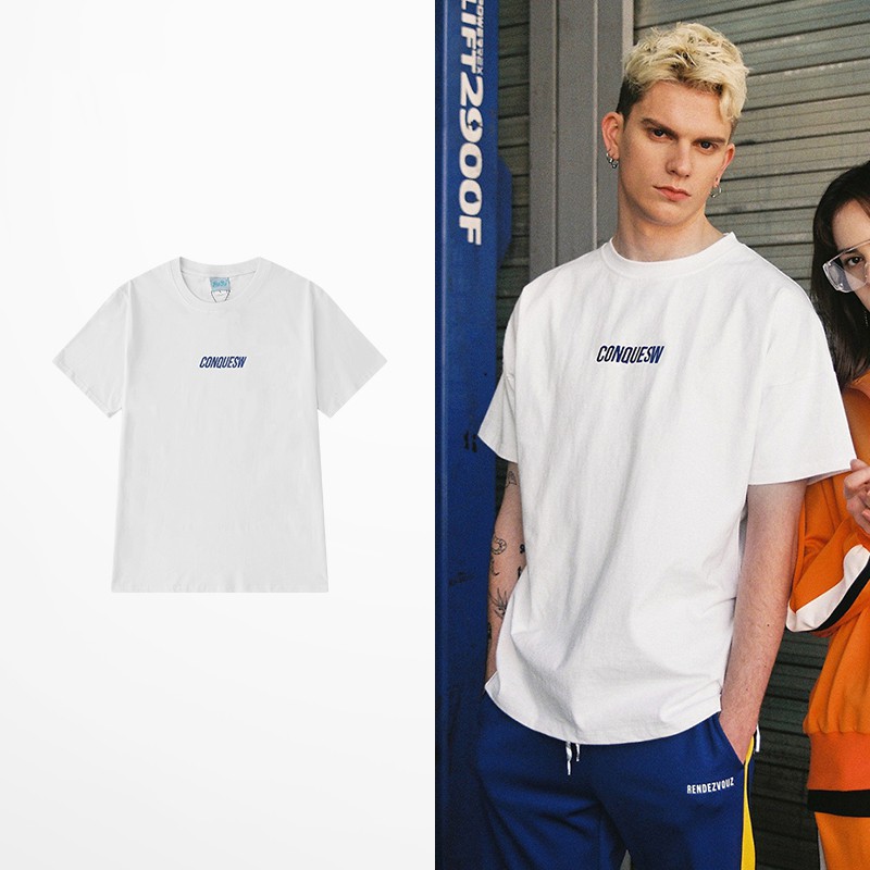 Áo thun basic IFASHION phông đơn giản nam nữ form rộng chất cotton mát in chữ CONQUESW N075