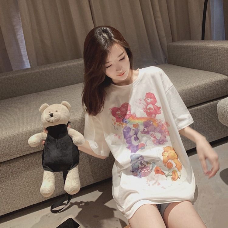 Jiashucheng Áo Thun Cotton Tay Ngắn Dáng Rộng In Hình Gấu Màu Xanh Dương Thời Trang Mùa Hè 2023 Mới Cho Nữ