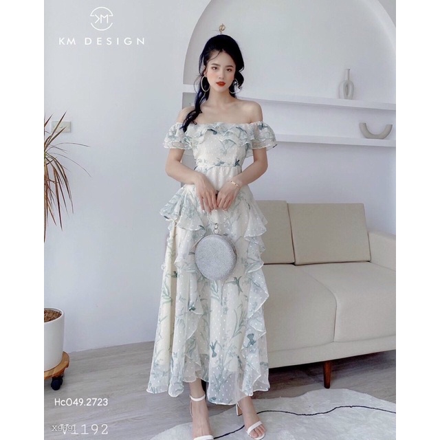 G1- đầm hoa xanh bèo bẹt vai GV049, chất voan lót, dưới 55kg, có hình cận vải