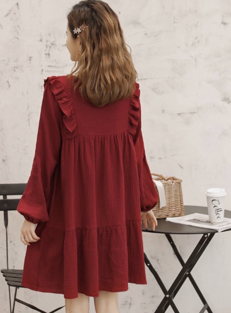 Đầm váy đỏ bèo vai tay dài (kèm hình thật) | BigBuy360 - bigbuy360.vn