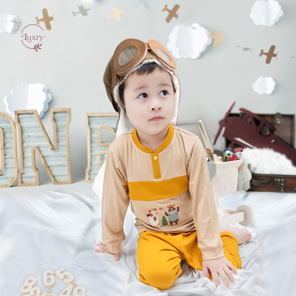 Bộ quần áo dài tay cổ trụ cho bé phối màu dễ thương, vải siêu thoáng nhà Luxry từ 6 tháng đến 4 tuổi