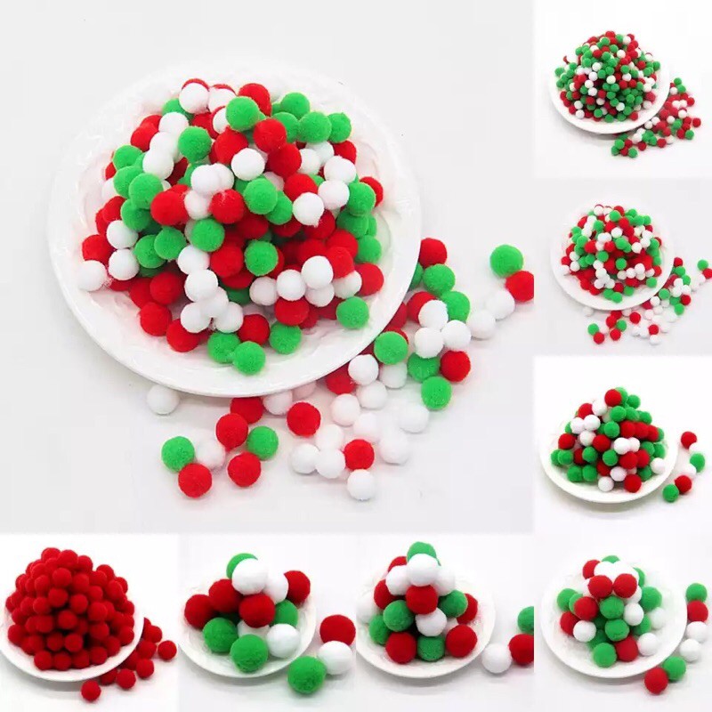 Pom Pom trang trí giáng sinh - pompom trang trí noel - pom pom xanh đỏ trắng nô en