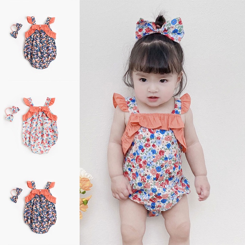 Bộ Áo Liền Quần Sát Nách Bằng Vải Cotton In Hoa + Băng Đô Cài Tóc Phối Bèo Thời Trang Cho Bé Gái