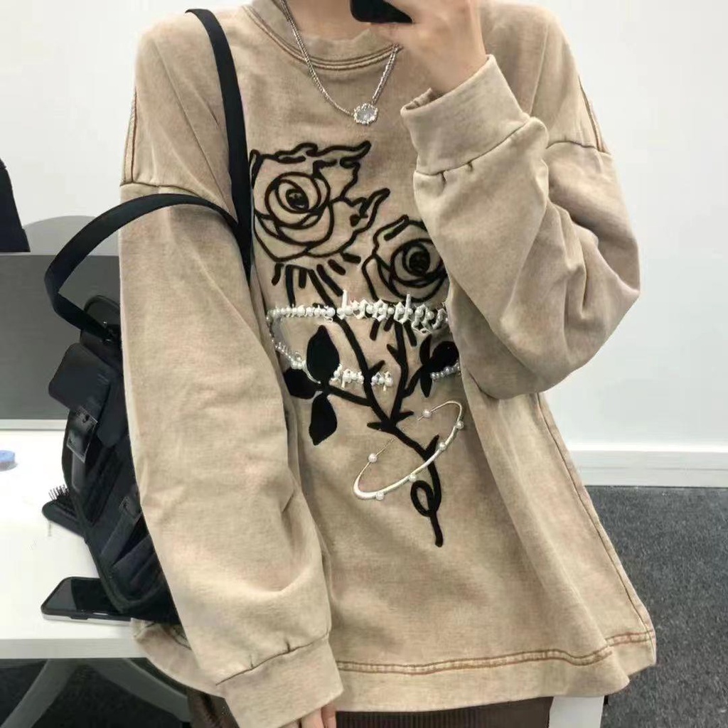 Áo Sweater Cổ Tròn Dáng Rộng Thêu Hình Hoa Hồng Thời Trang Thu Đông Phong Cách Retro Mỹ Mới
