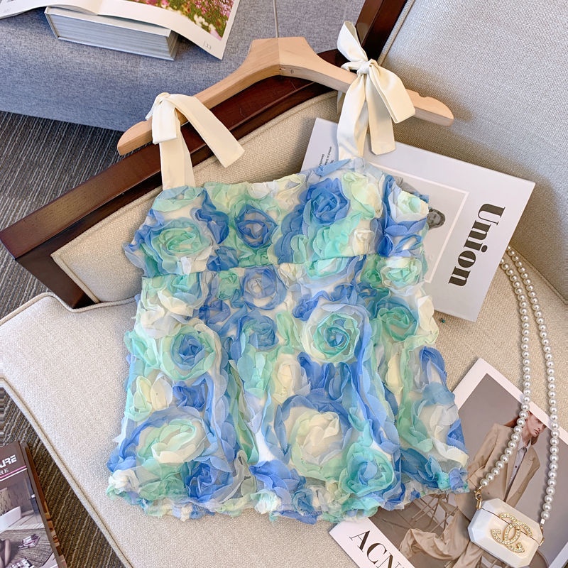 Áo Hai Dây Họa Tiết Hoa Hồng Ba Chiều Xinh Xắn Cho Nữ