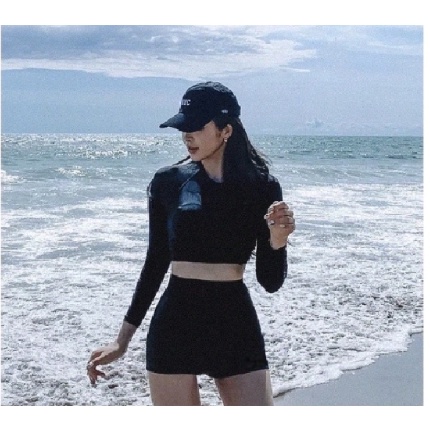 Đồ bơi nữ bikini đi biển nữ 2 mảnh lưng cao áo tay dài màu đen cá tính VATIXA BKN117