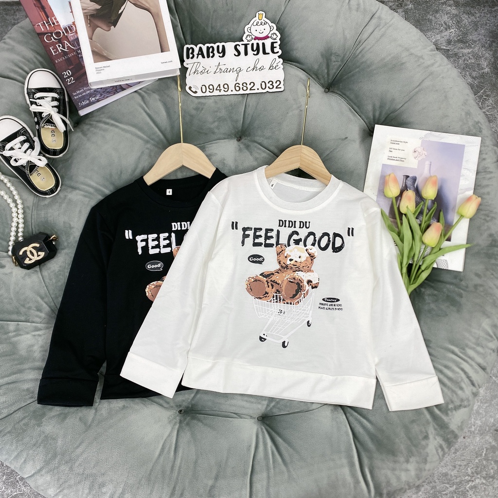 Áo sweater &quot;FEEL GOOD&quot; 14-45kg cho bé trai, bé gái 4-15 tuổi. Vải nỉ da cá thu đông co giãn, dày dặn. B37