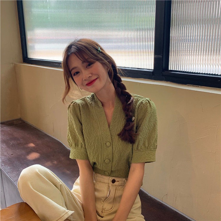 váy bodyváy suông☄❖Avocado Green Short Sleeve New 2021 Summer Retro Shirt Áo sơ mi cổ điển phong cách Hồng Kông Thi