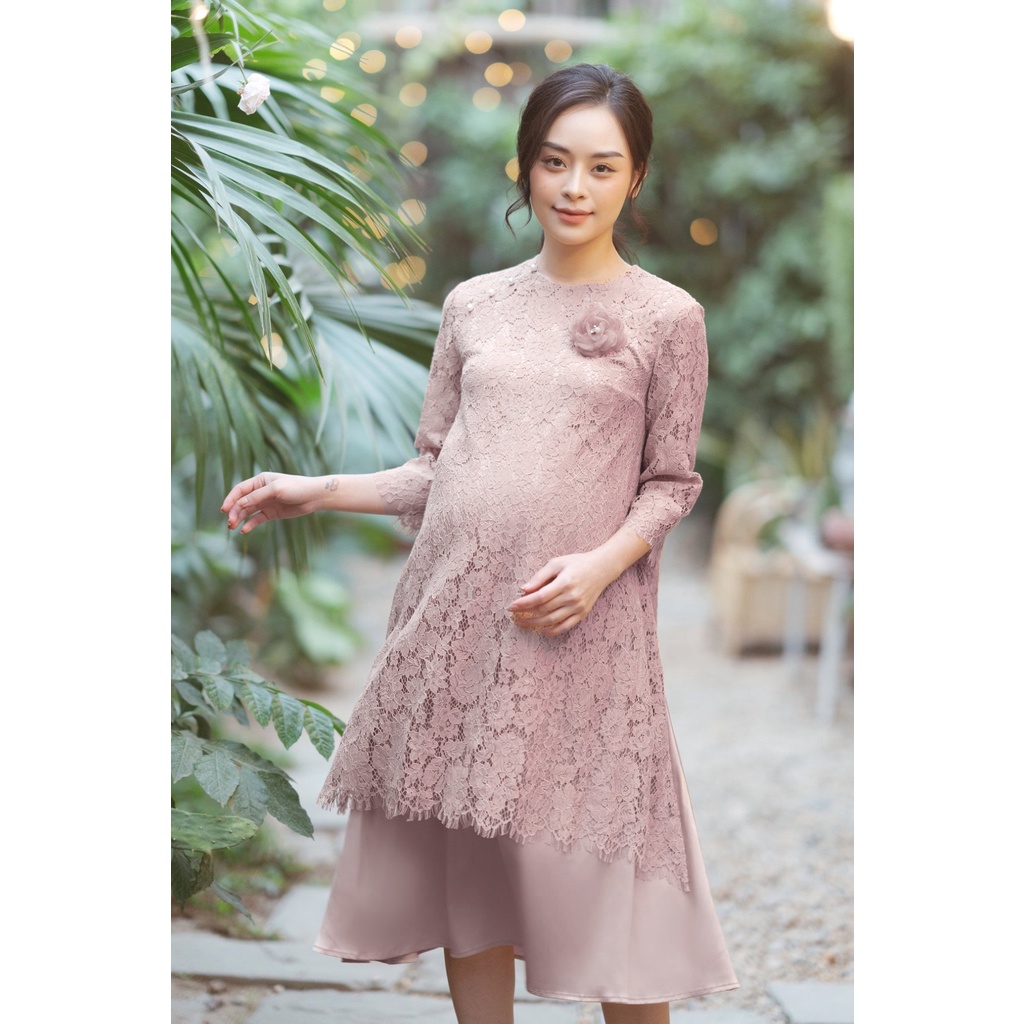 Áo Dài Bầu/Sau Sinh Thiết Kế Cao Cấp Chất Liệu Ren Hồng Tay Lỡ Đủ Size 47-85kg - Bella Mama