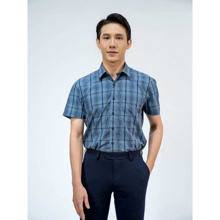 Áo sơ mi nam ngắn tay OWEN AR220077NT somi công sở vải sợi sen cao cấp màu kẻ caro xanh đen dáng suông tà lượn có túi