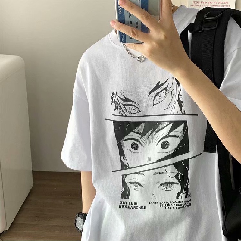 Áo thun tay ngắn dáng rộng in họa tiết hoạt hình phong cách Nhật Bản thời trang cho nam size M-5XL