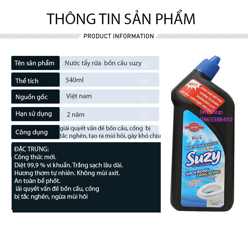 Nước Tẩy Rửa Bồn Cầu, Nhà Tắm Cao Cấp Suzy Nhật Bản 560ML  Thành Phần Hữu Cơ, Không Mùi Axit_Tạp Hóa Nhà Lim