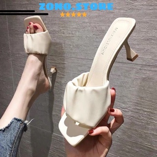 Dép cao gót nữ 5 phân quai bèo nhún mũi vuông đế nhọn thời trang Zono HBL003