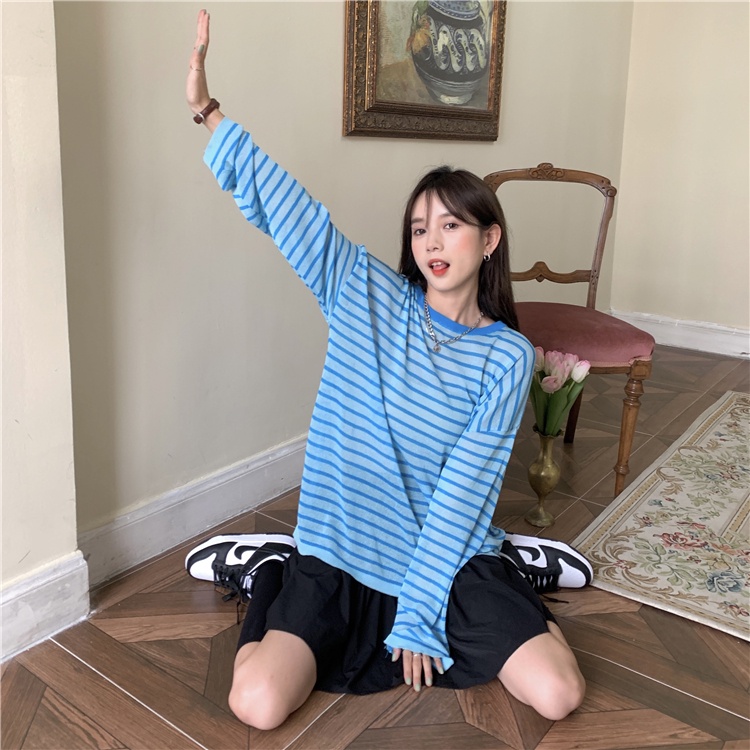 Áo thun ZHELIHANGFEI tay dài dáng rộng kẻ sọc chống nắng thời trang