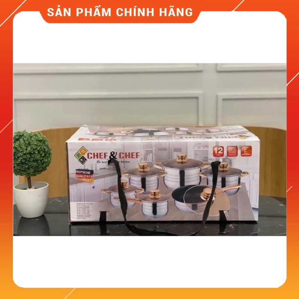[ VÔ ĐỊCH GIÁ ] Bộ Nồi Inox 6 Món, 12 Chi Tiết, Vung Kính Vàng, Đáy 5 Lớp. Thương Hiệu Chef &amp; Chef. Công Nghệ Đức [ HÀNG