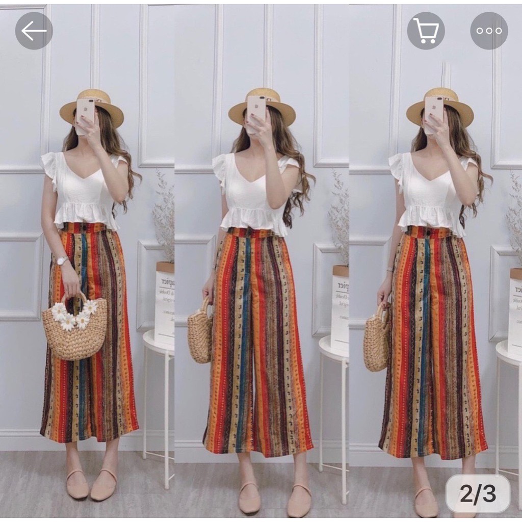 Sét Bộ Lụa  Áo Cánh Tiên Hot Trend Đính Nơ Bảng Bự Phối Quần Ống Rộng Thổ Cẩm Fashion TTSLA0285