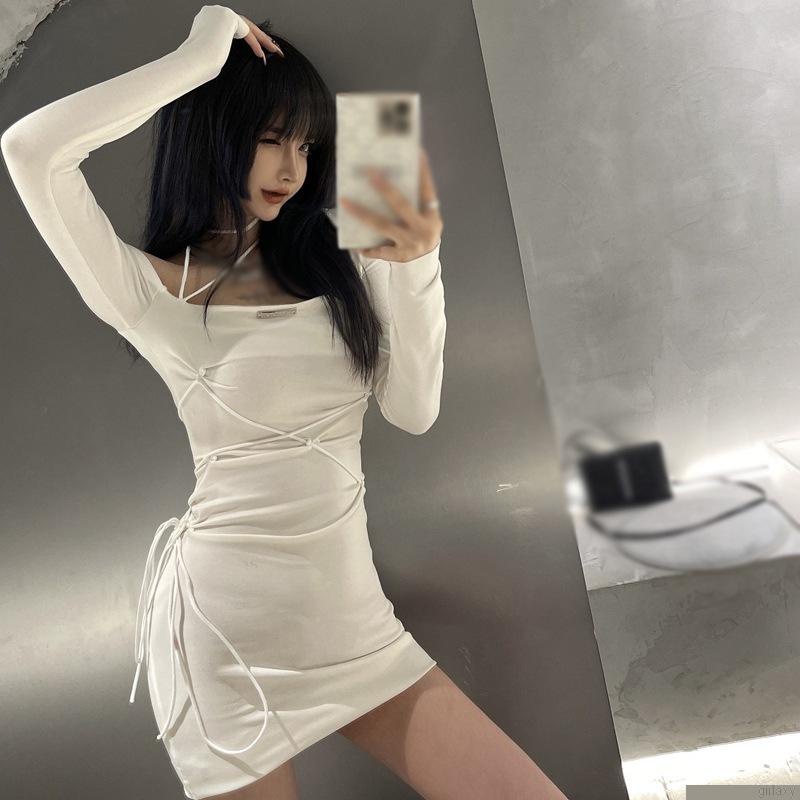 Đầm mini tay dài cổ yếm hở vai màu trơn thiết kế buộc dây phong cách Hàn Quốc gợi cảm cho nữ