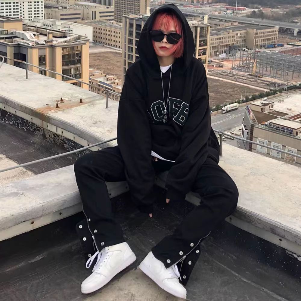 2022 Quần jeans ống thẳng kiểu rách gối phối dây kéo thời trang Hip Hop đường phố sành điệu mới size lớn dành cho nữ