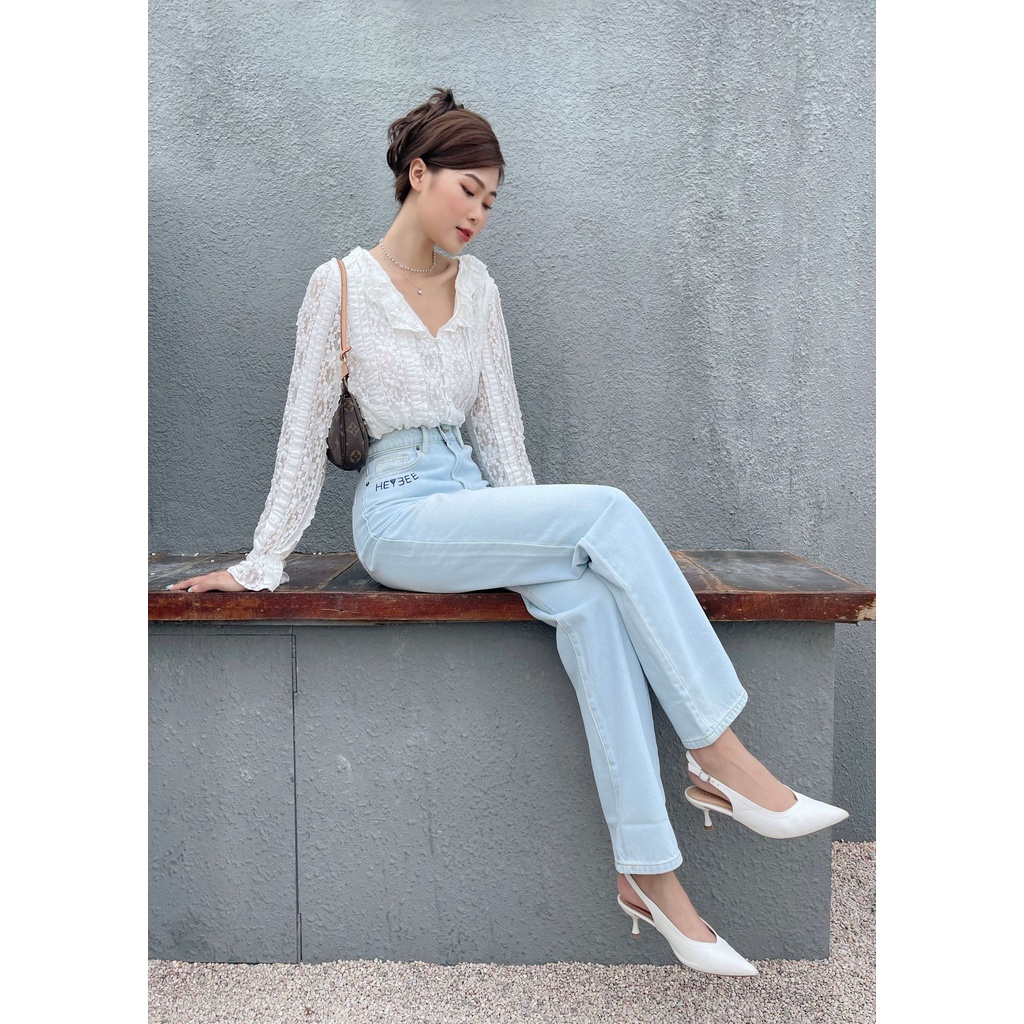 [Mã FAMARAL1 giảm 10K đơn 50K] Quần jeans suông lưng cao HEYBEE - ảnh thật, thêu logo (2 màu) - HJ1124