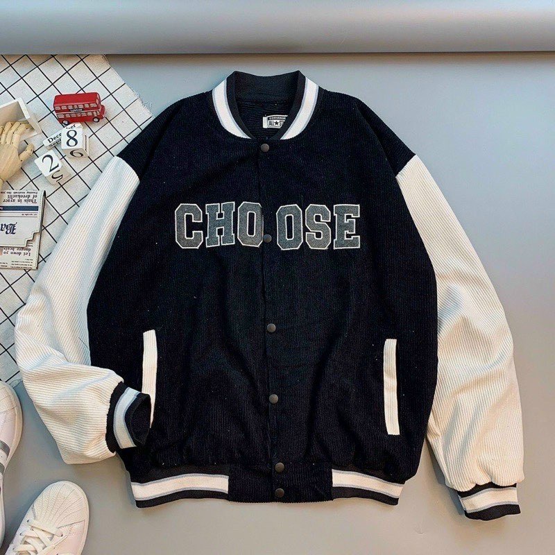 Áo Khoác Bomber Jacket Nam Nữ Chất Nhung Nút Gài Thêu Chữ Choose Unisex