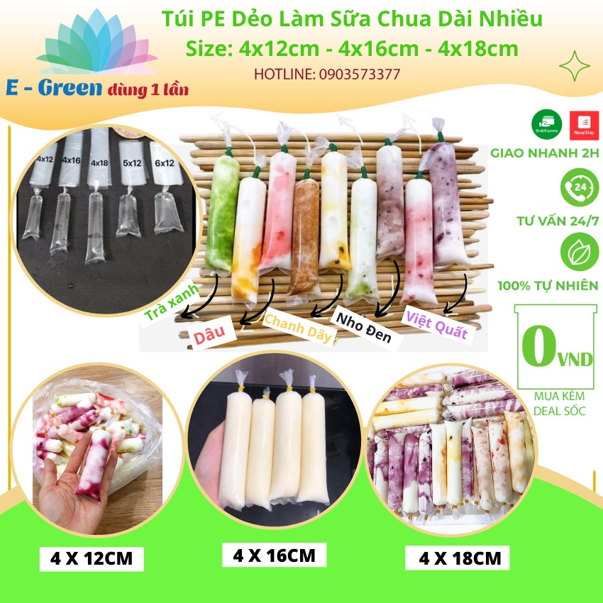 500gr Túi Đựng Sữa Chua Dài, 4x12cm - 4x16cm - 4x18cm Loại Dày, Dẻo Dai - Egreen Dùng 1 Lần