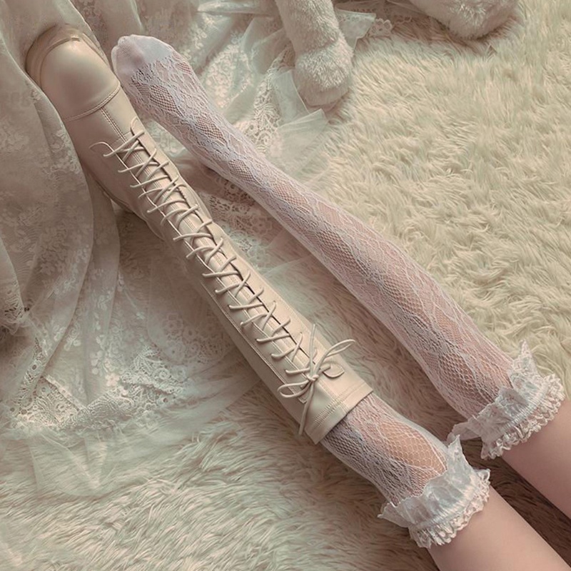 Vớ lưới cá Xixi cao đến đùi phối xếp nếp và ren hoa kiểu lolita