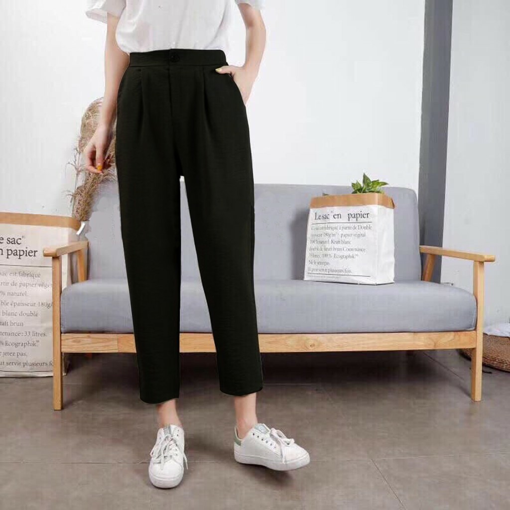 Quần đũi nữ dài dáng baggy công sở cạp chun lưng thun cao khóa thật - Trắng Đen Be - Vải đũi xước trơn - Mặc đi làm chơi