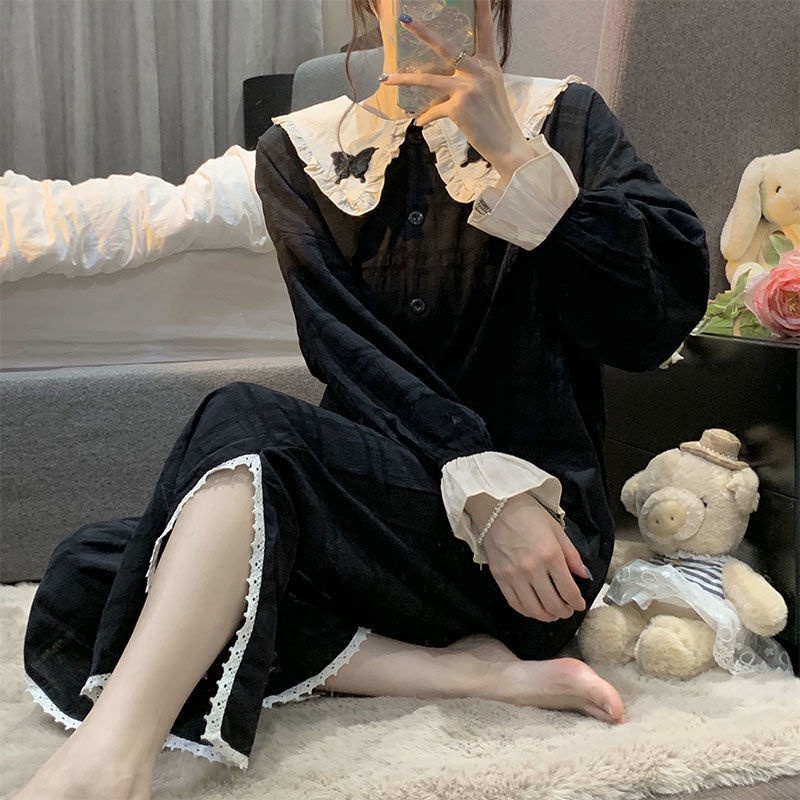 Bộ đồ ngủ tay dài cổ búp bê ngọt ngào đơn giản thời trang thu đông cho nữ