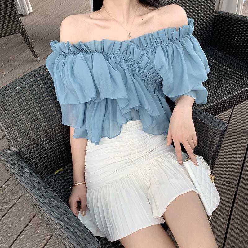 Áo Chiffon Nữ Trễ Vai Nhún Bèo Thời Trang Hàn Quốc tim