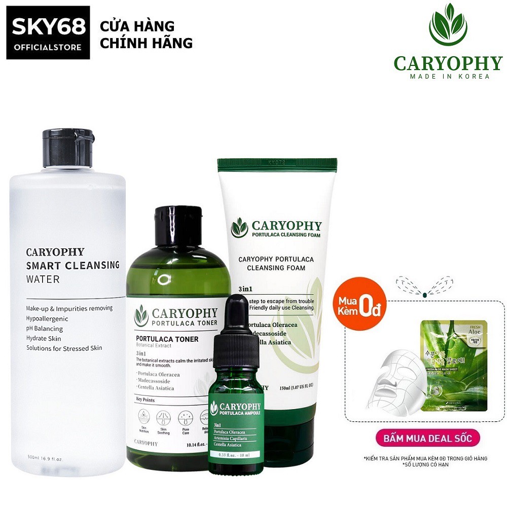 Bộ 5 sản phẩm giảm mụn thâm Caryophy (Tẩy trang 500ml, SRM150ml, Toner300ml, Serum10ml, Kem dưỡng 40ml)