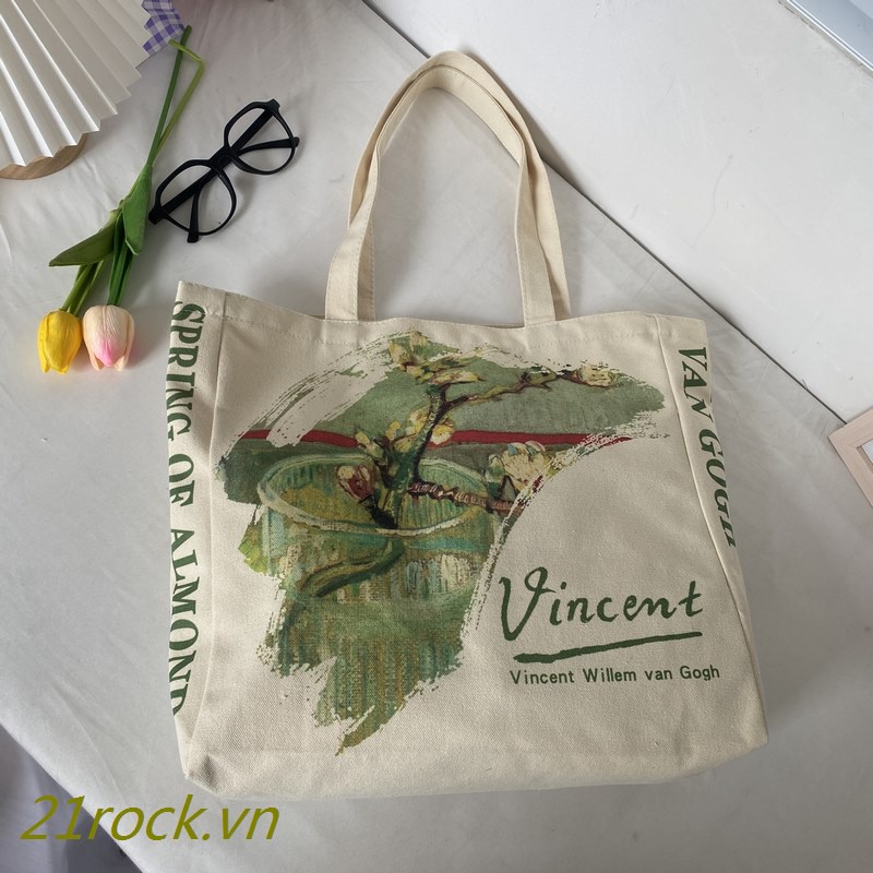 Túi Xách Canvas Cỡ Lớn In Họa Tiết Bằng Tay Phong Cách Retro Châu Âu Cho Học Sinh